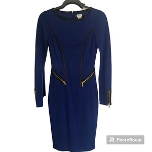 Vintage Cache cobalt blue dress w/black leather trim design & gold zippers Size0